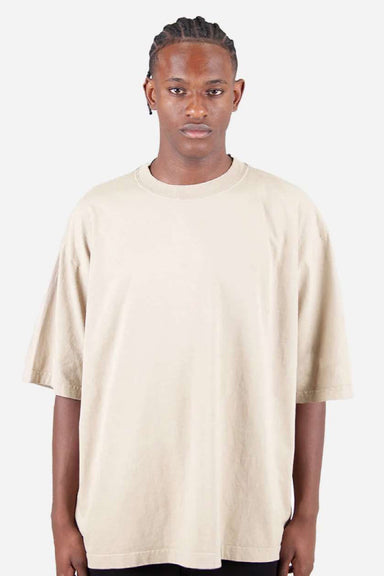 Shaka Wear SHGDD Mens Garment Dyed Drop Shoulder Short Sleeve Crewneck T-Shirt Cream Model Front