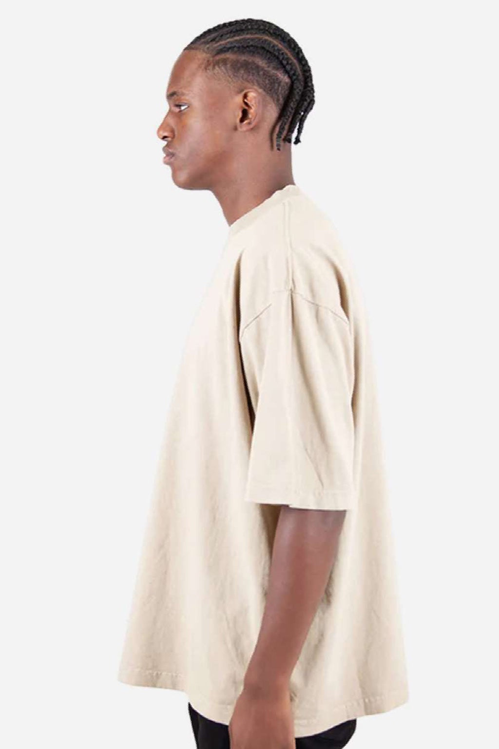 Shaka Wear SHGDD Mens Garment Dyed Drop Shoulder Short Sleeve Crewneck T-Shirt Cream Model Side