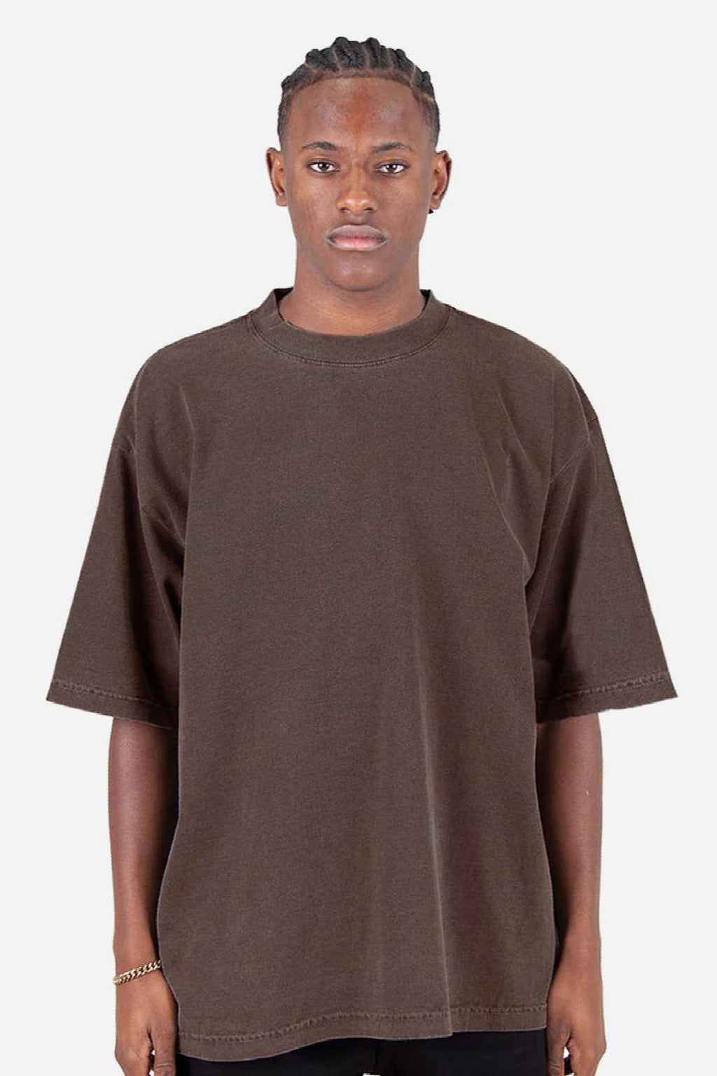 Shaka Wear SHGDD Mens Garment Dyed Drop Shoulder Short Sleeve Crewneck T-Shirt Mocha Brown Model Front
