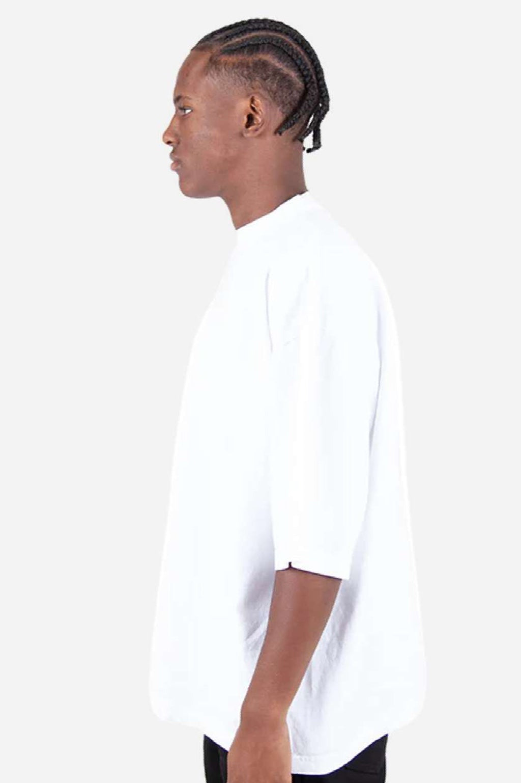 Shaka Wear SHGDD Mens Garment Dyed Drop Shoulder Short Sleeve Crewneck T-Shirt White Model Side
