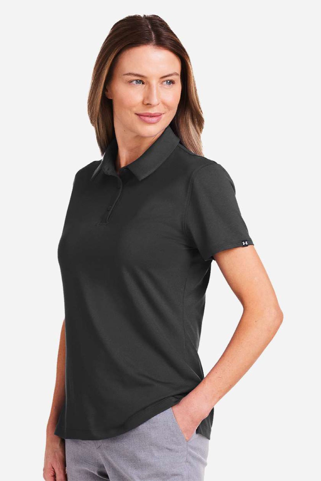 Under Armour 1385910 Womens Recycled Short Sleeve Polo Shirt Black/Black Model Side