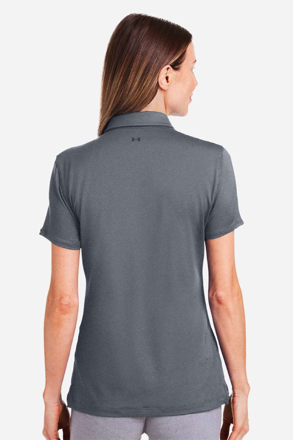 Under Armour 1385910 Womens Recycled Short Sleeve Polo Shirt Castlerock Grey/White Model Back