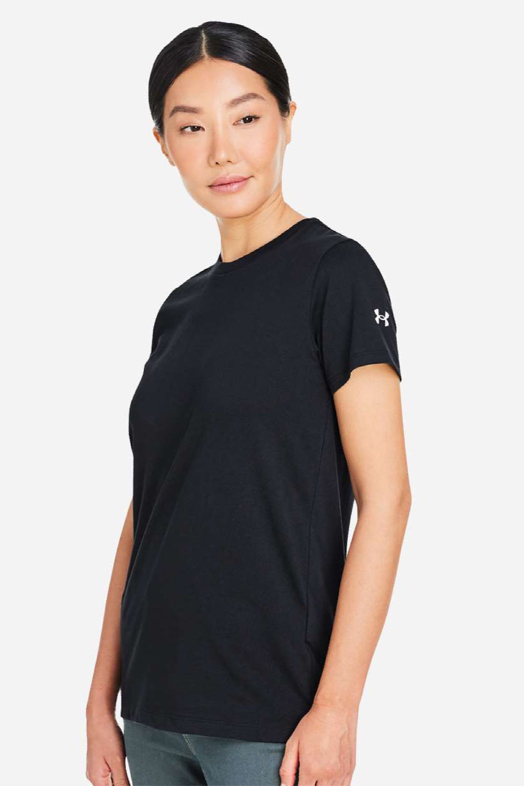 Under Armour 1383284 Womens Athletic 2.0 Short Sleeve Crewneck T-Shirt Black/White Model Side