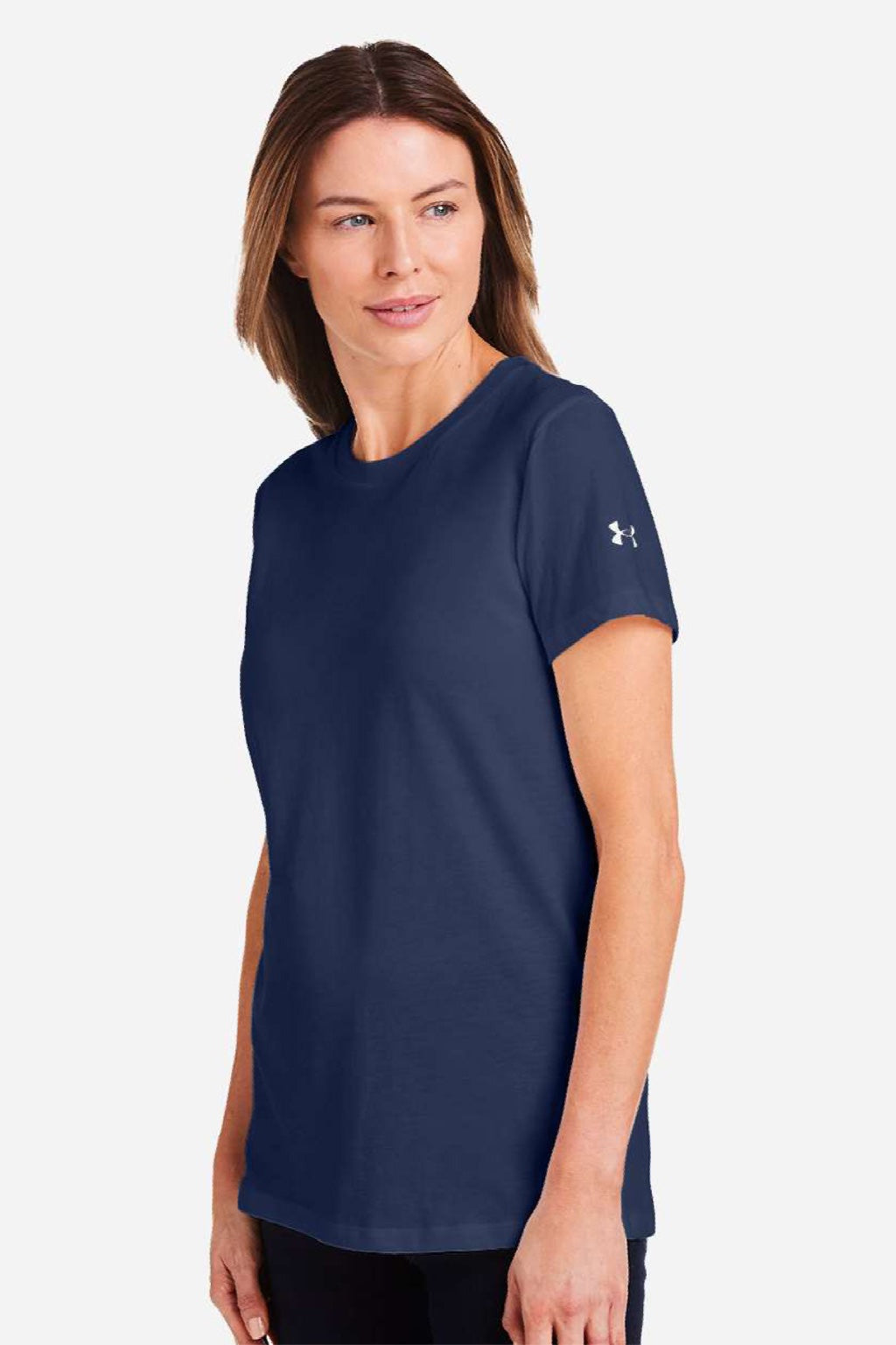 Under Armour 1383284 Womens Athletic 2.0 Short Sleeve Crewneck T-Shirt Midnight Navy Blue/White Model Side
