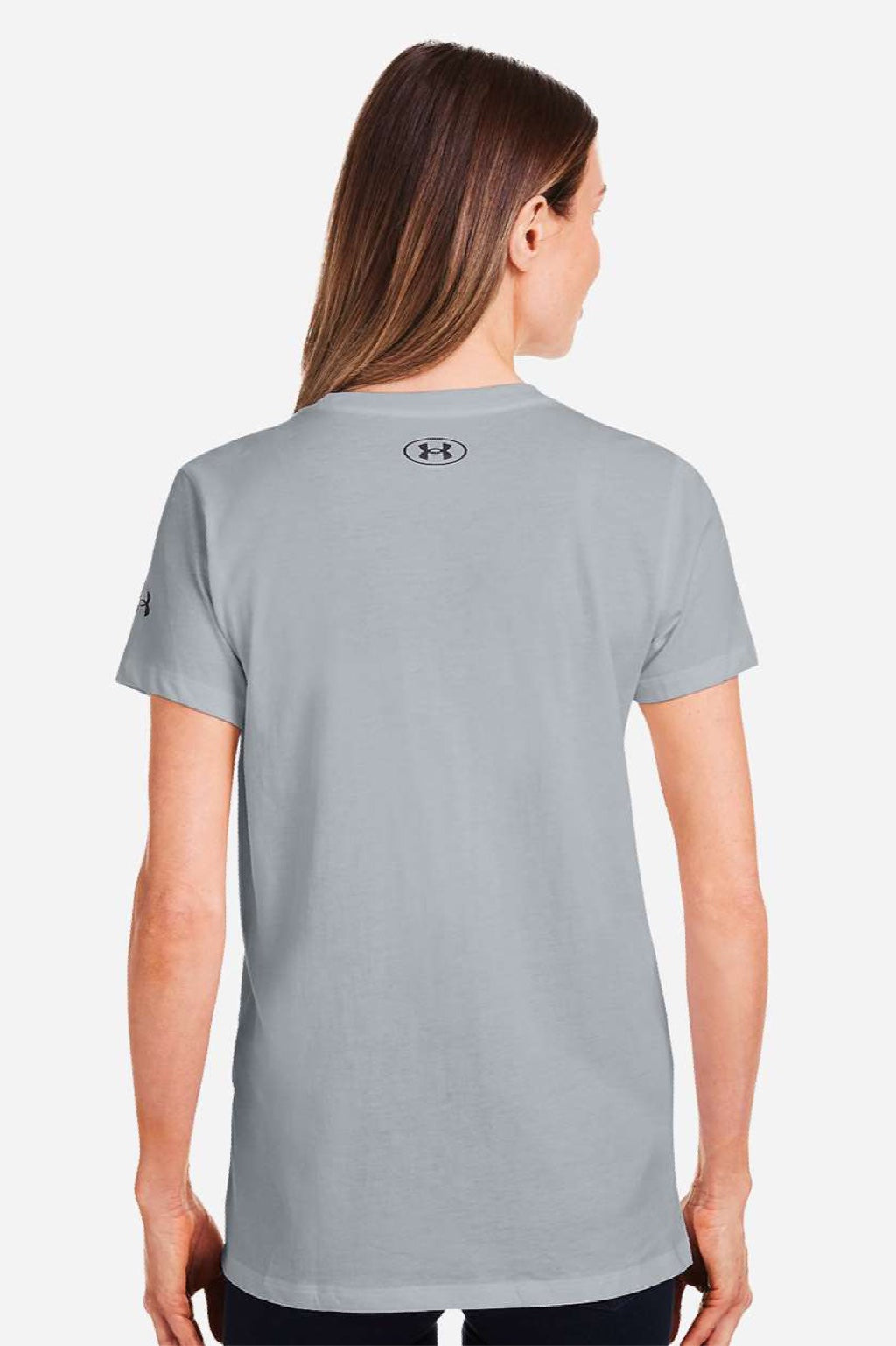 Under Armour 1383284 Womens Athletic 2.0 Short Sleeve Crewneck T-Shirt Heather Mod Medium Grey/Black Model Back