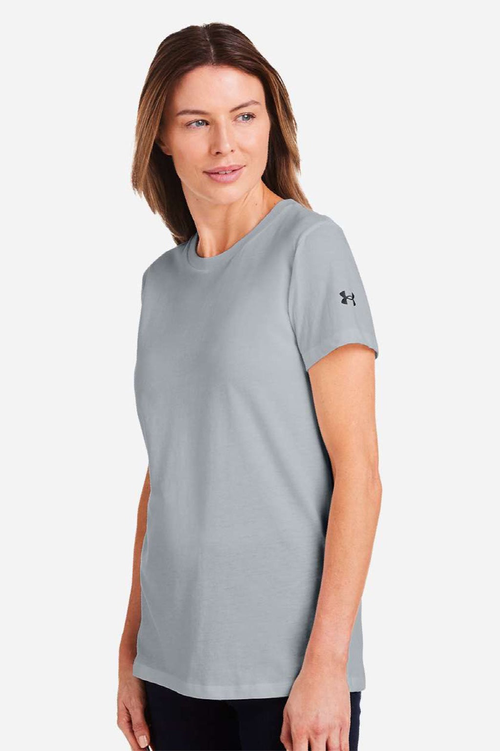 Under Armour 1383284 Womens Athletic 2.0 Short Sleeve Crewneck T-Shirt Heather Mod Medium Grey/Black Model Side