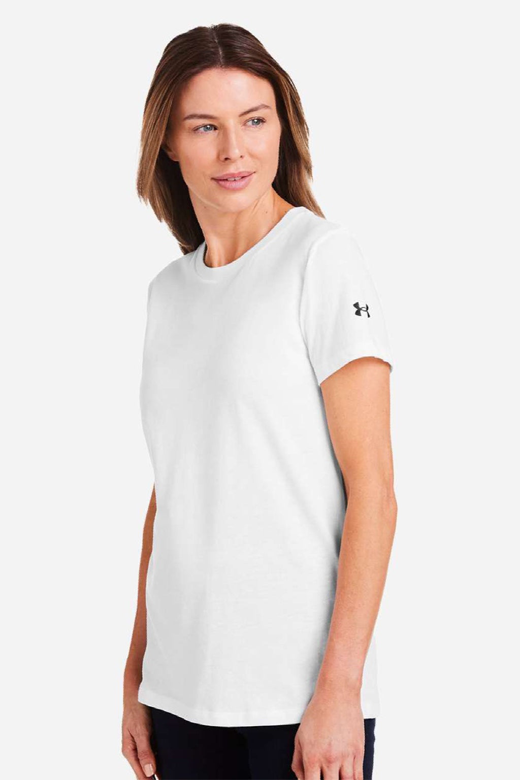 Under Armour 1383284 Womens Athletic 2.0 Short Sleeve Crewneck T-Shirt White/Black Model Side