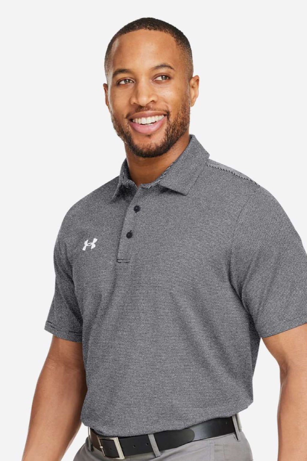 Under Armour 1389853 Mens Destin Drive Striped Performance Short Sleeve Polo Shirt Black/White Model Side