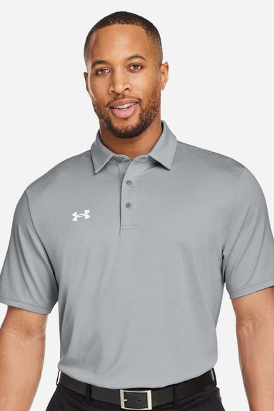 Under Armour 1389853 Mens Destin Drive Striped Performance Short Sleeve Polo Shirt Mod Grey/White Model Front