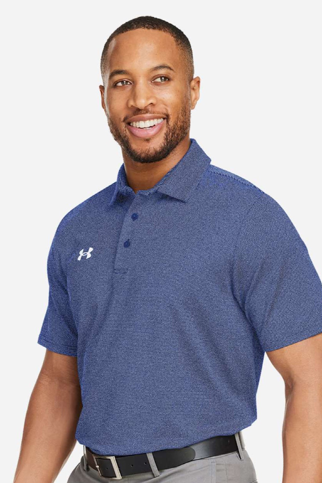 Under Armour 1389853 Mens Destin Drive Striped Performance Short Sleeve Polo Shirt Royal Blue/White Model Side