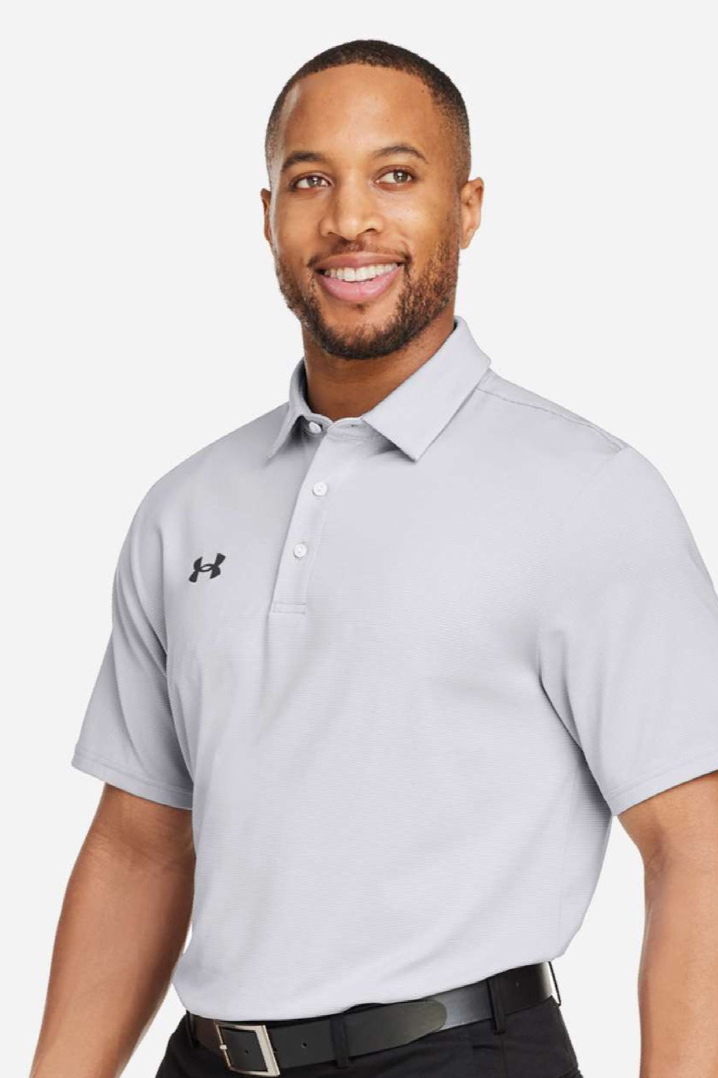 Under Armour 1389853 Mens Destin Drive Striped Performance Short Sleeve Polo Shirt White/Black Model Side