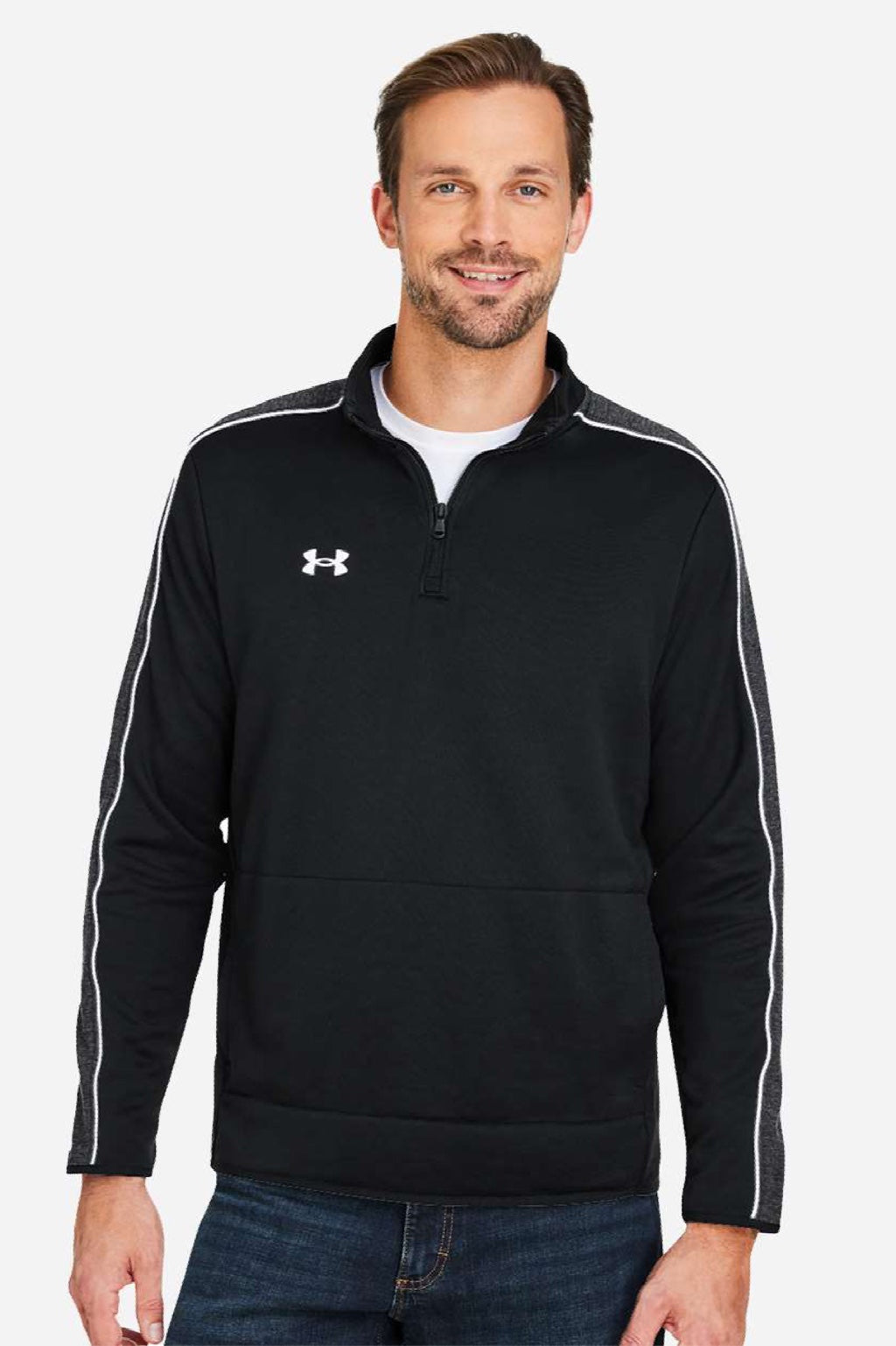 Under Armour 1383260 Mens Command 2.0 1/4 Zip Sweatshirt w/ Pouch Pocket Black/White Model Front
