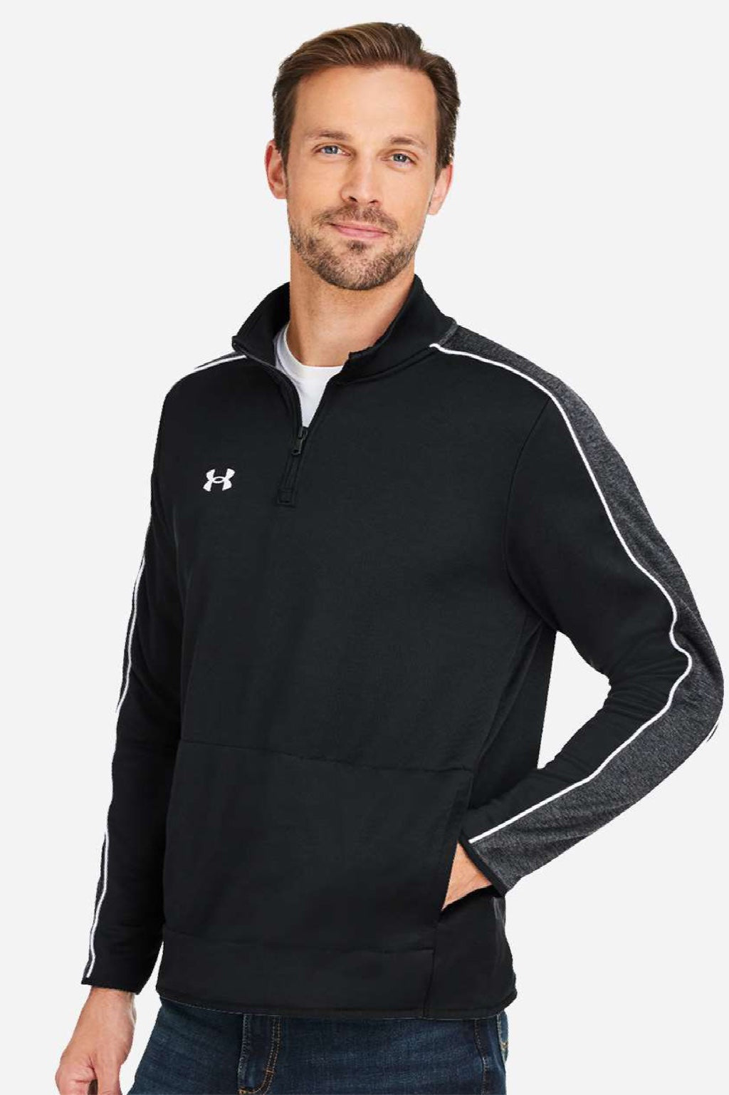 Under Armour 1383260 Mens Command 2.0 1/4 Zip Sweatshirt w/ Pouch Pocket Black/White Model Side