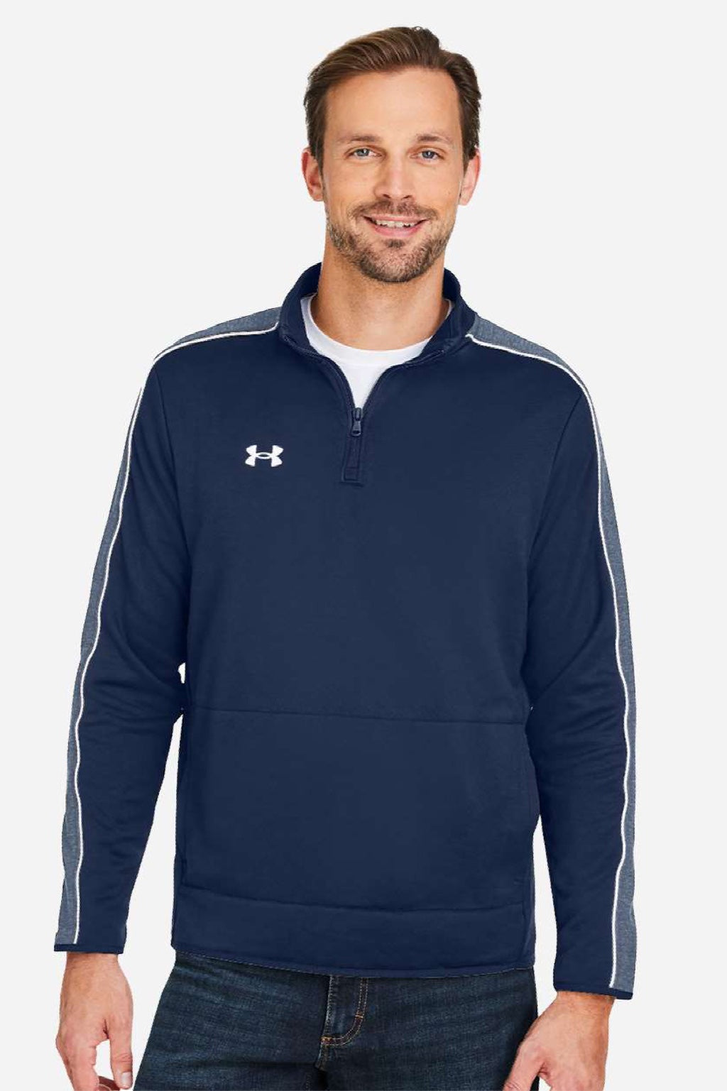 Under Armour 1383260 Mens Command 2.0 1/4 Zip Sweatshirt w/ Pouch Pocket Midnight Navy Blue/White Model Front