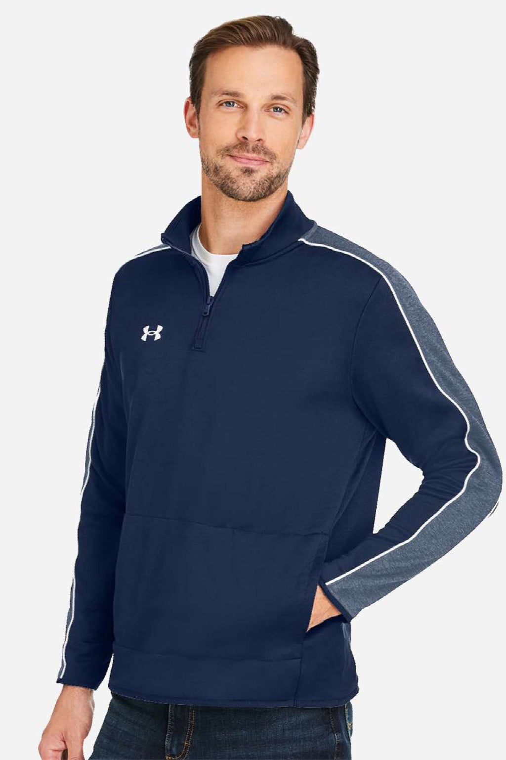 Under Armour 1383260 Mens Command 2.0 1/4 Zip Sweatshirt w/ Pouch Pocket Midnight Navy Blue/White Model Side