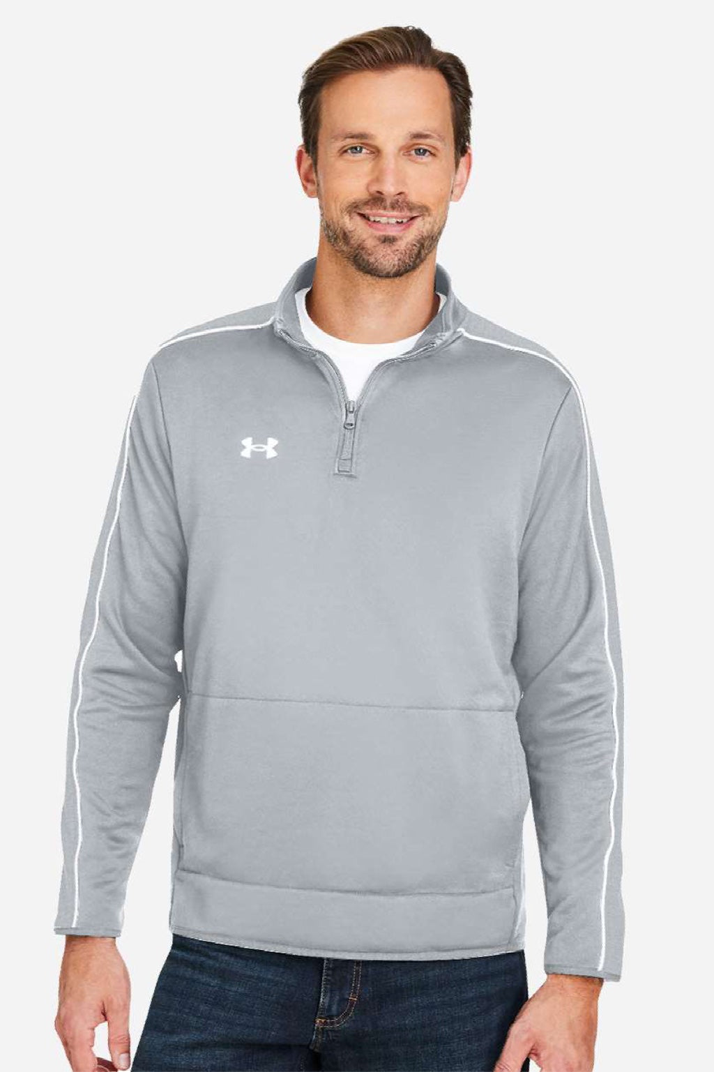 Under Armour 1383260 Mens Command 2.0 1/4 Zip Sweatshirt w/ Pouch Pocket Mod Grey/White Model Front