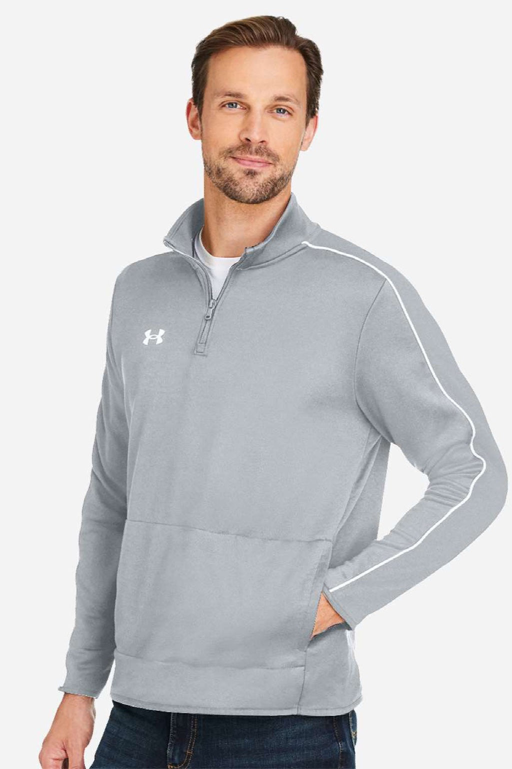 Under Armour 1383260 Mens Command 2.0 1/4 Zip Sweatshirt w/ Pouch Pocket Mod Grey/White Model Side
