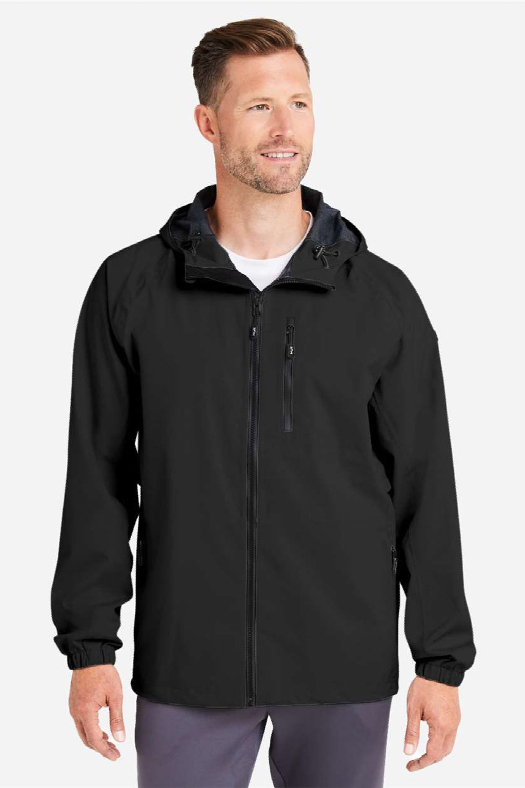 Huk H400148 Mens Rover Waterproof Full Zip Hooded Rain Jacket Black Model Front