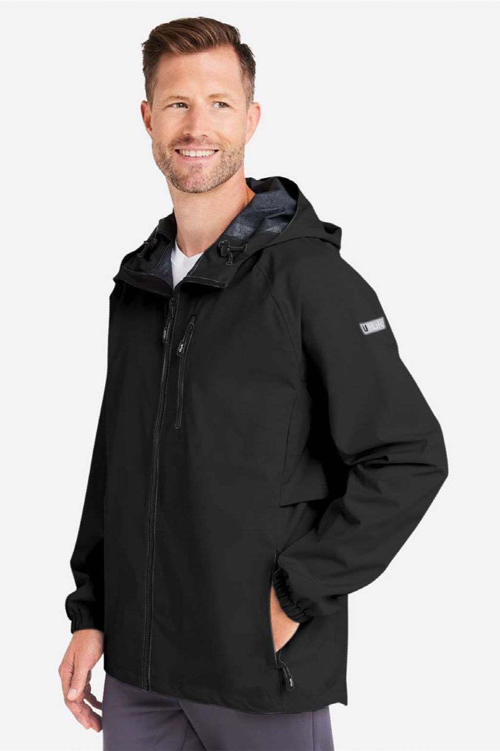 Huk H400148 Mens Rover Waterproof Full Zip Hooded Rain Jacket Black Model Side