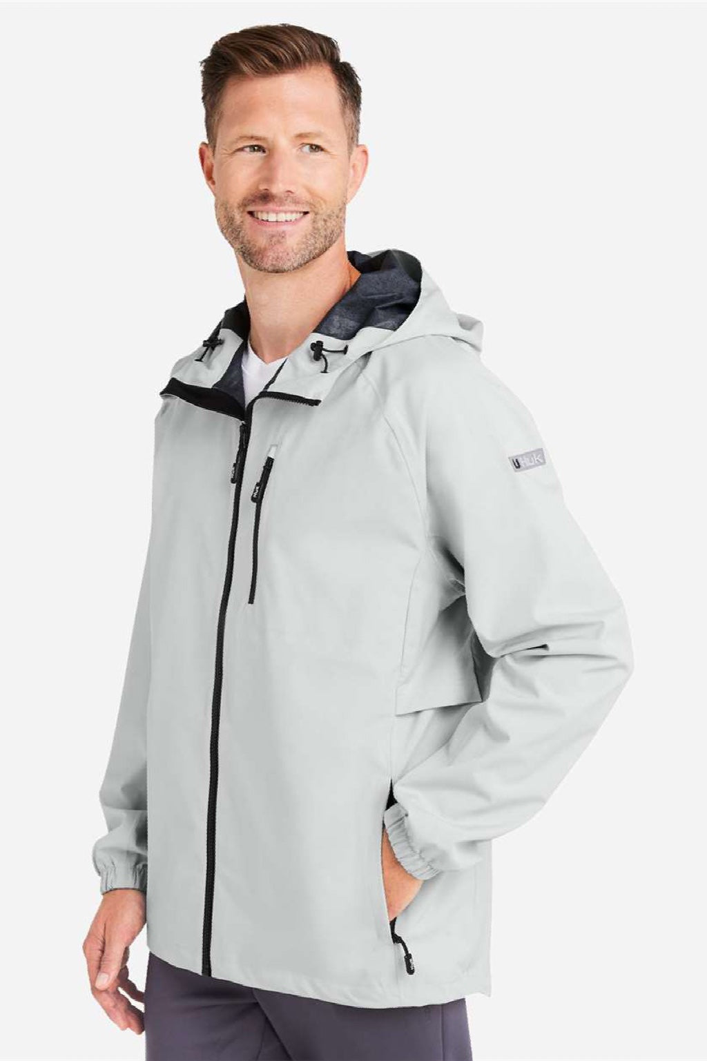 Huk H400148 Mens Rover Full Zip Hooded Rain Jacket Harbor Mist Grey Model Side