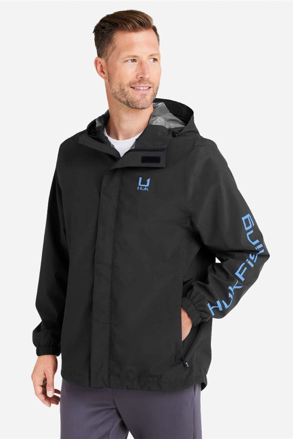 Huk H400159 Mens Storm Full Zip Hooded Rain Jacket Black Model Side