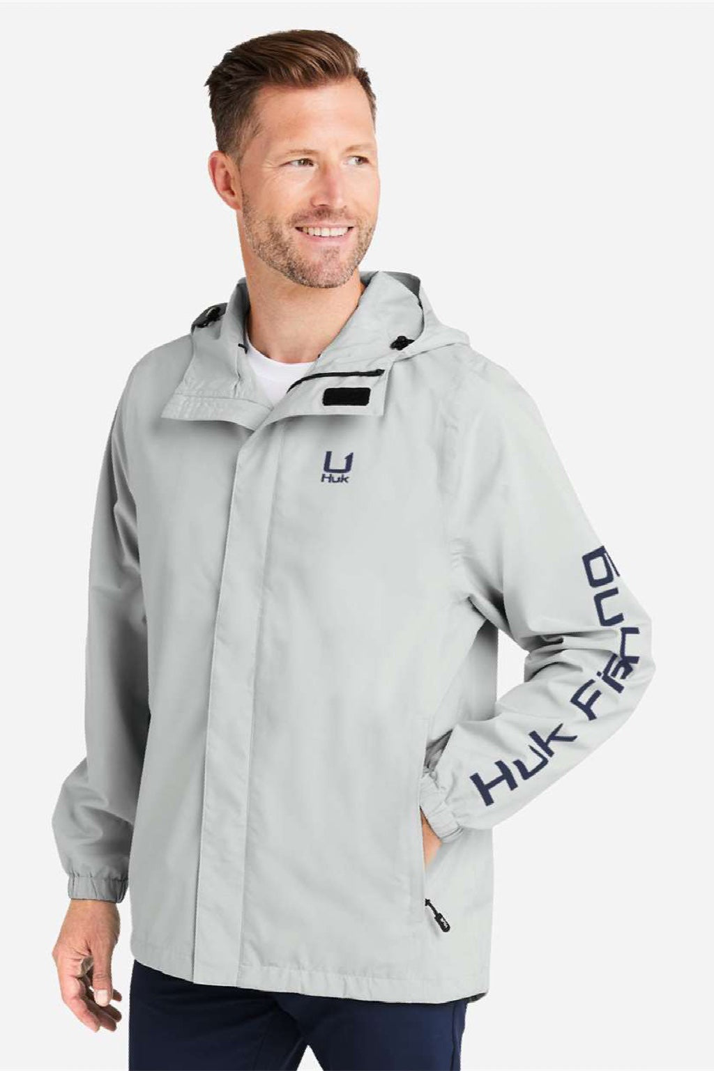 Huk H400159 Mens Storm Full Zip Hooded Rain Jacket Harbor Mist Grey Model Side