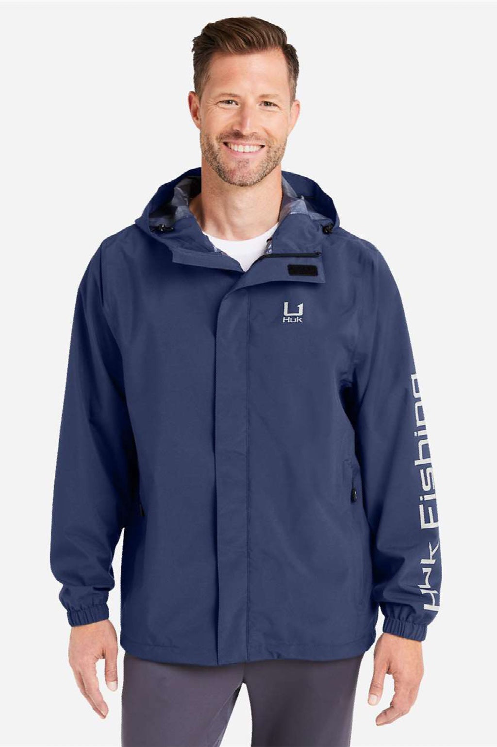 Huk H400159 Mens Storm Full Zip Hooded Rain Jacket Naval Academy Blue Model Front