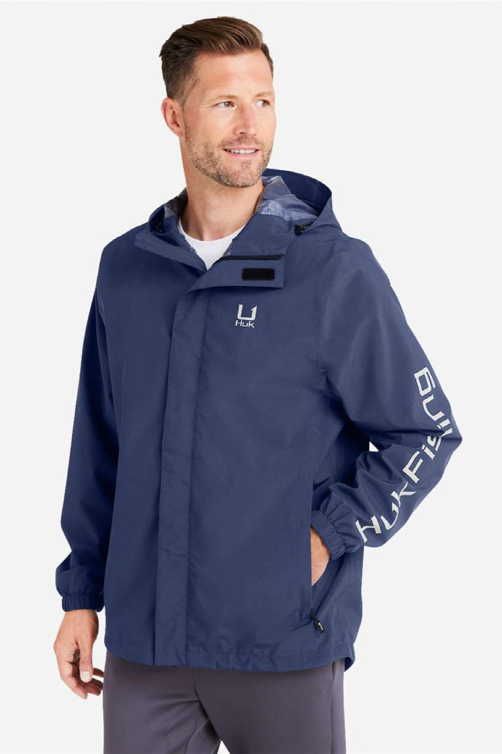 Huk H400159 Mens Storm Full Zip Hooded Rain Jacket Naval Academy Blue Model Side