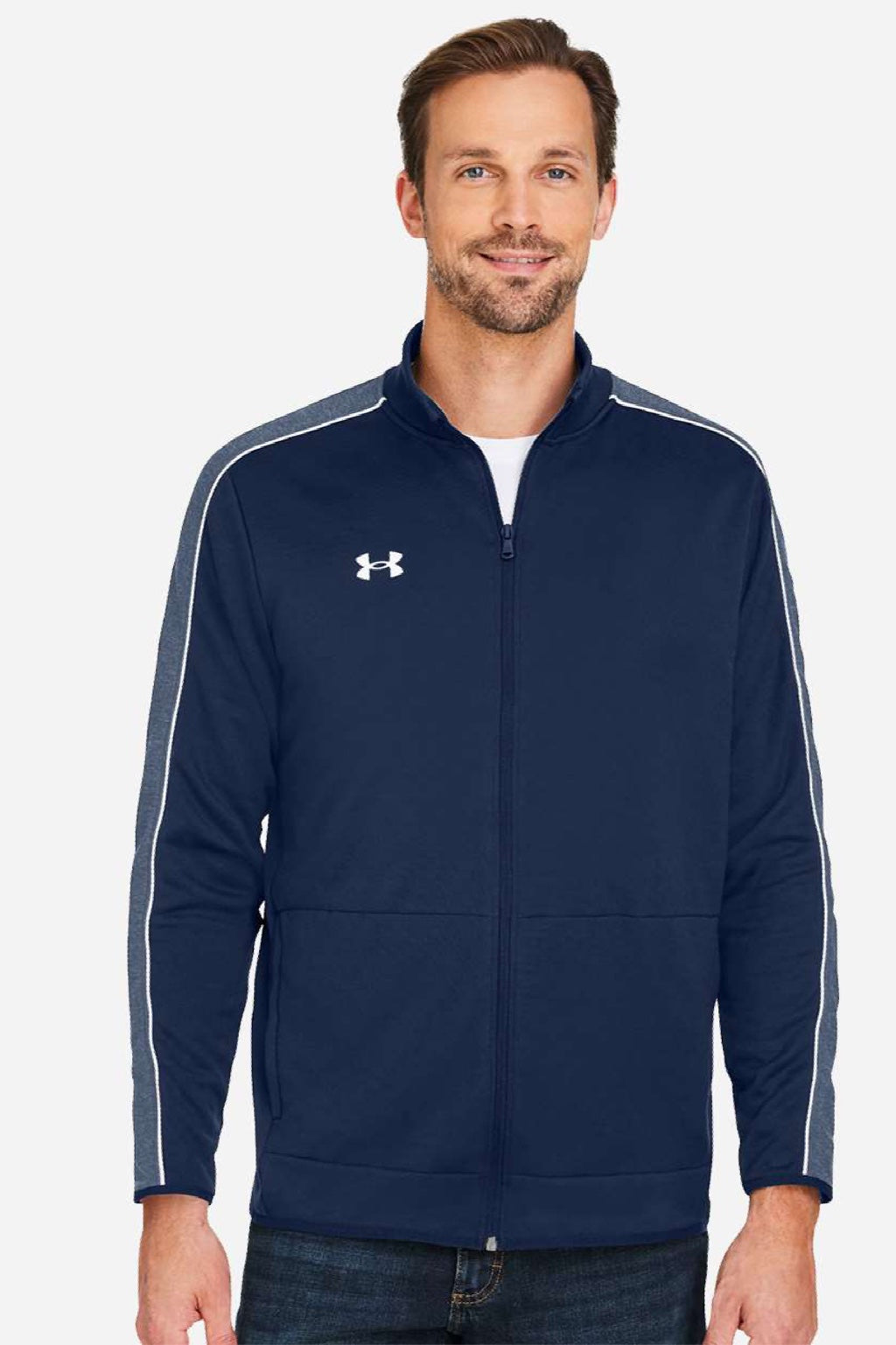 Under Armour 1383259 Mens Command 2.0 Full Zip Jacket Midnight Navy Blue/White Model Front