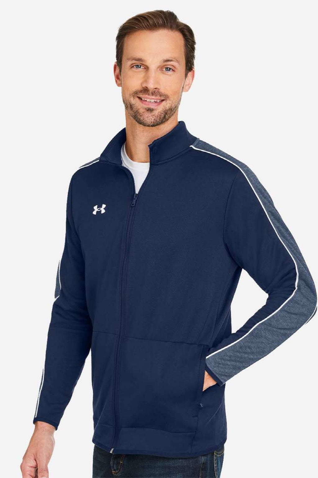 Under Armour 1383259 Mens Command 2.0 Full Zip Jacket Midnight Navy Blue/White Model Side