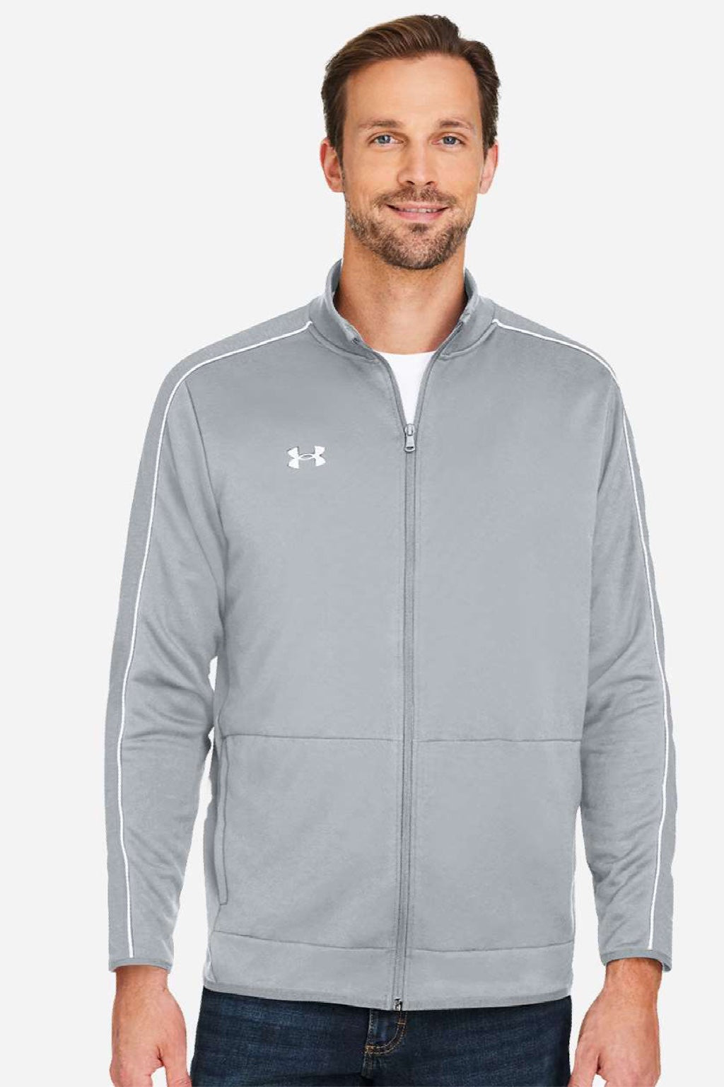 Under Armour 1383259 Mens Command 2.0 Full Zip Jacket Mod Grey/White Model Front