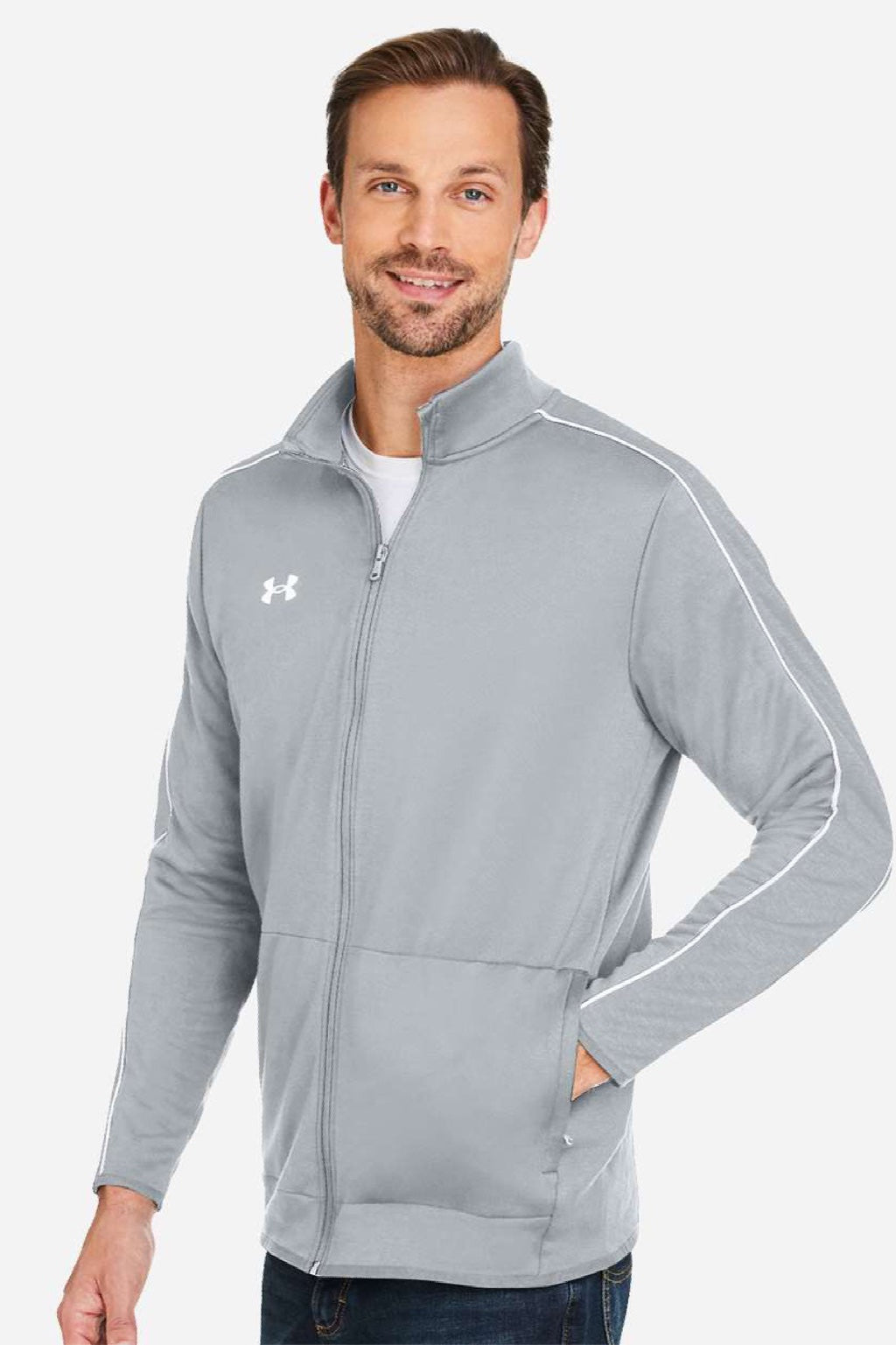 Under Armour 1383259 Mens Command 2.0 Full Zip Jacket Mod Grey/White Model Side