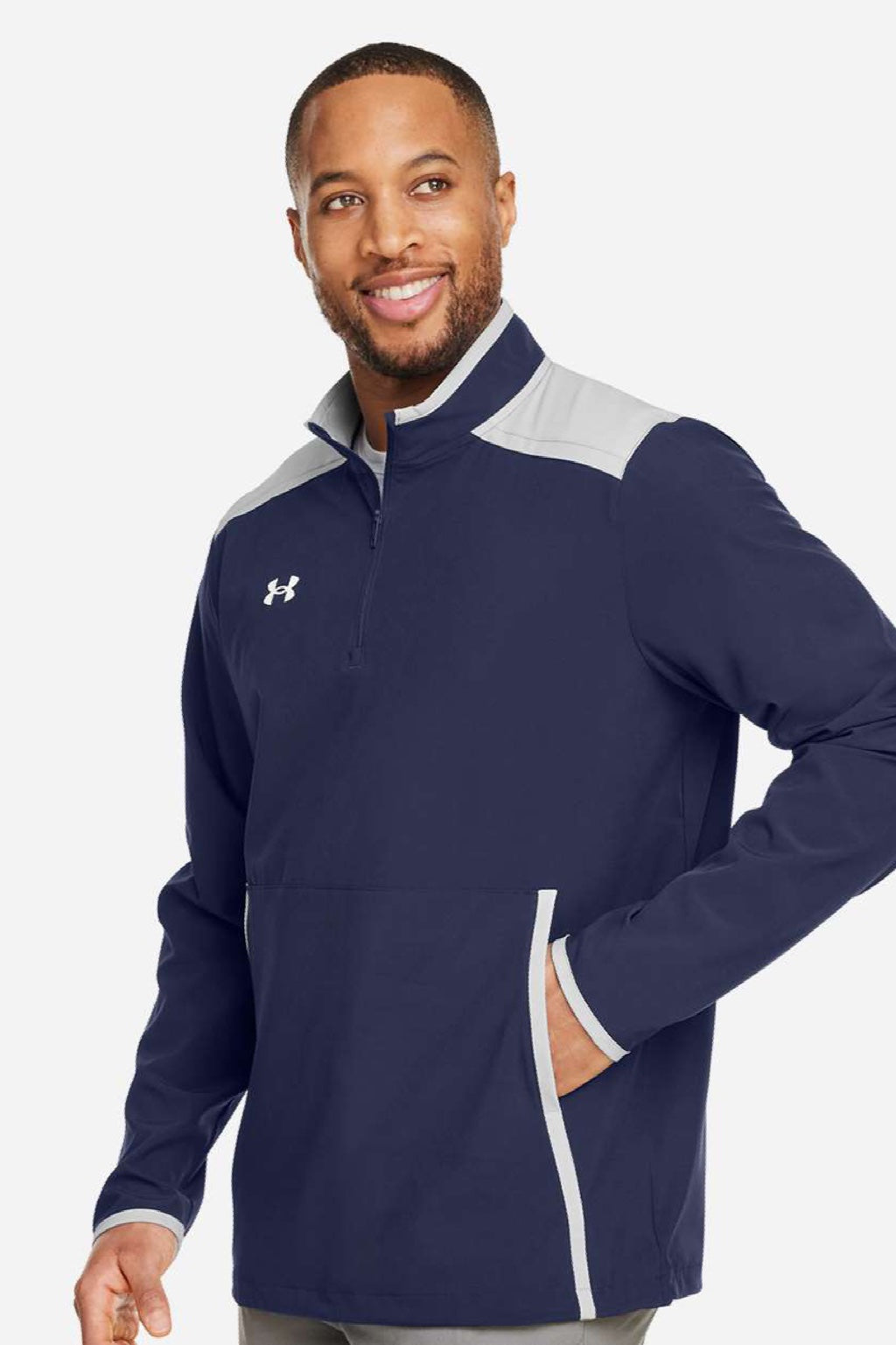 Under Armour 1389611 Mens Motivate 3.0 1/4 Zip Sweatshirt w/ Pouch Pocket Midnight Navy Blue/White Model Side