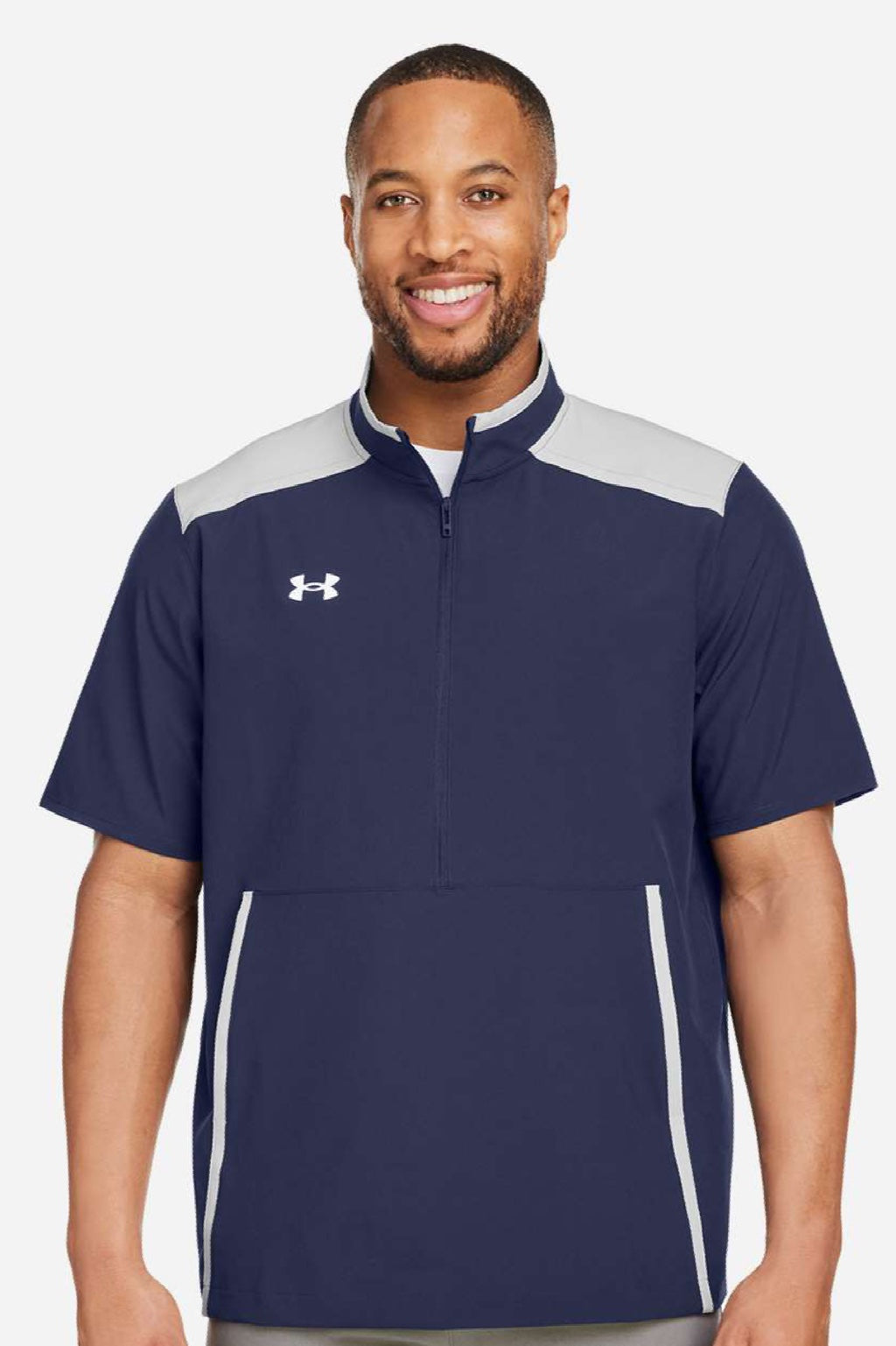 Under Armour 1389612 Mens Motivate 3.0 1/4 Zip Short Sleeve Sweatshirt w/ Pouch Pocket Midnight Navy Blue/White Model Front
