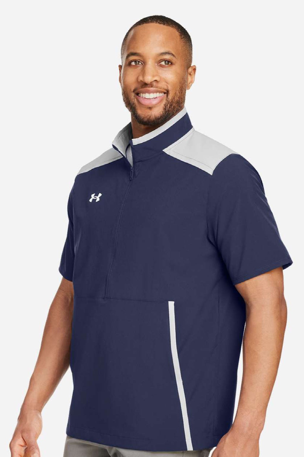 Under Armour 1389612 Mens Motivate 3.0 1/4 Zip Short Sleeve Sweatshirt w/ Pouch Pocket Midnight Navy Blue/White Model Side