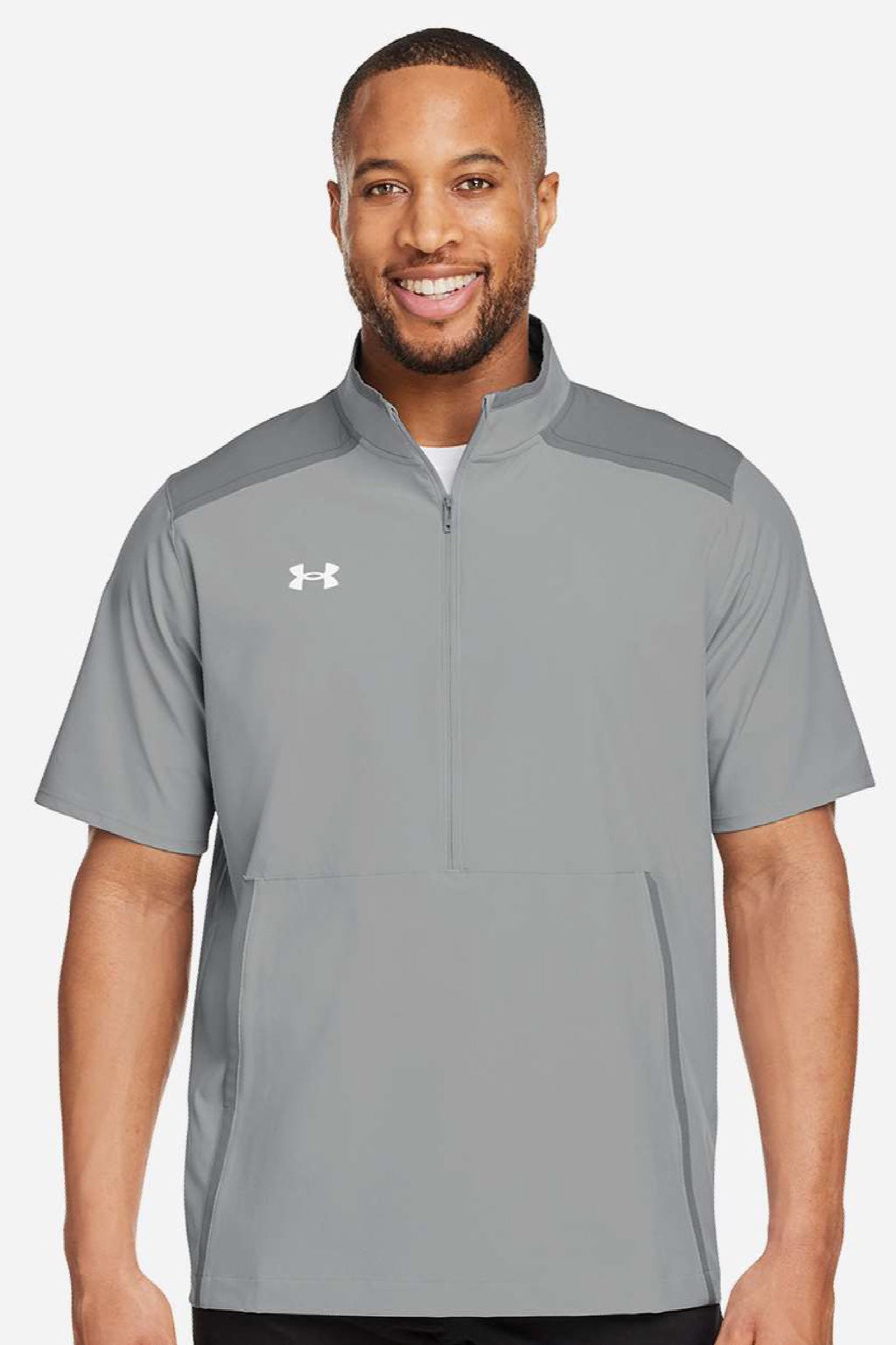 Under Armour 1389612 Mens Motivate 3.0 1/4 Zip Short Sleeve Sweatshirt w/ Pouch Pocket Mod Grey/White Model Front