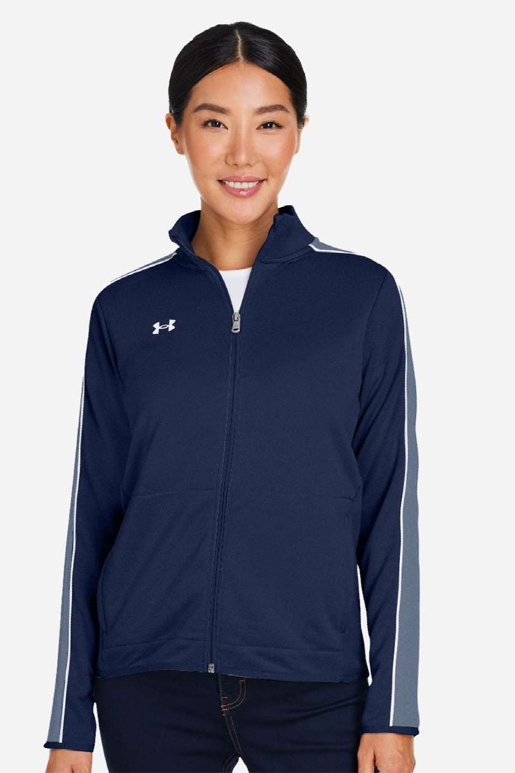 Under Armour 1383272 Womens Command Full Zip Jacket Midnight Navy Blue/White Model Front