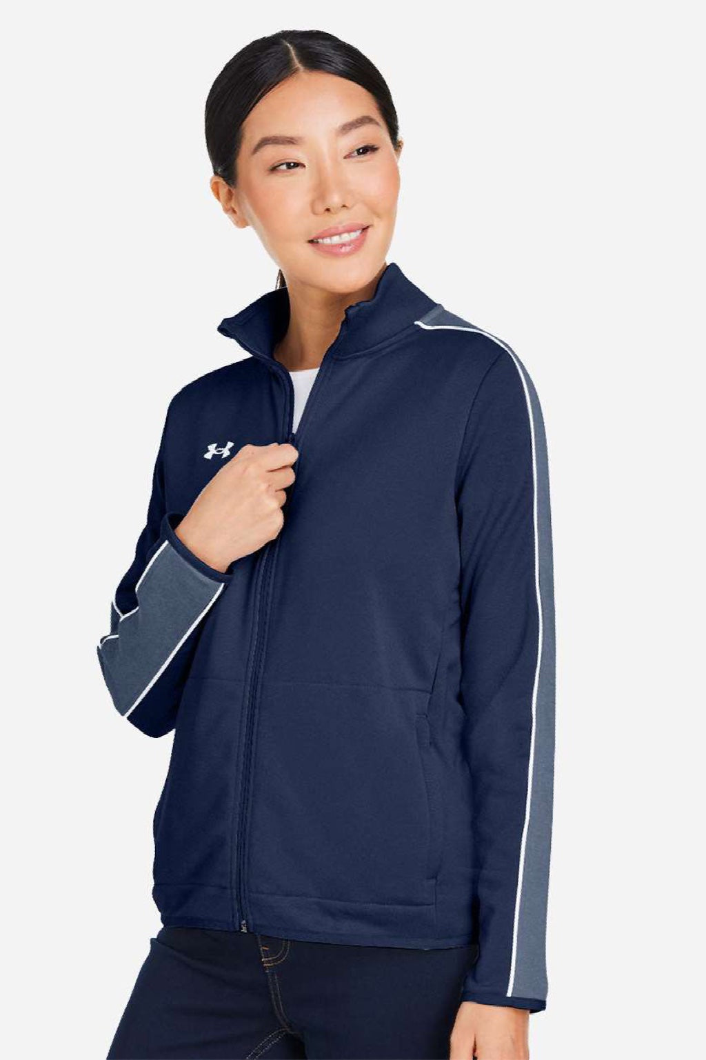 Under Armour 1383272 Womens Command Full Zip Jacket Midnight Navy Blue/White Model Side