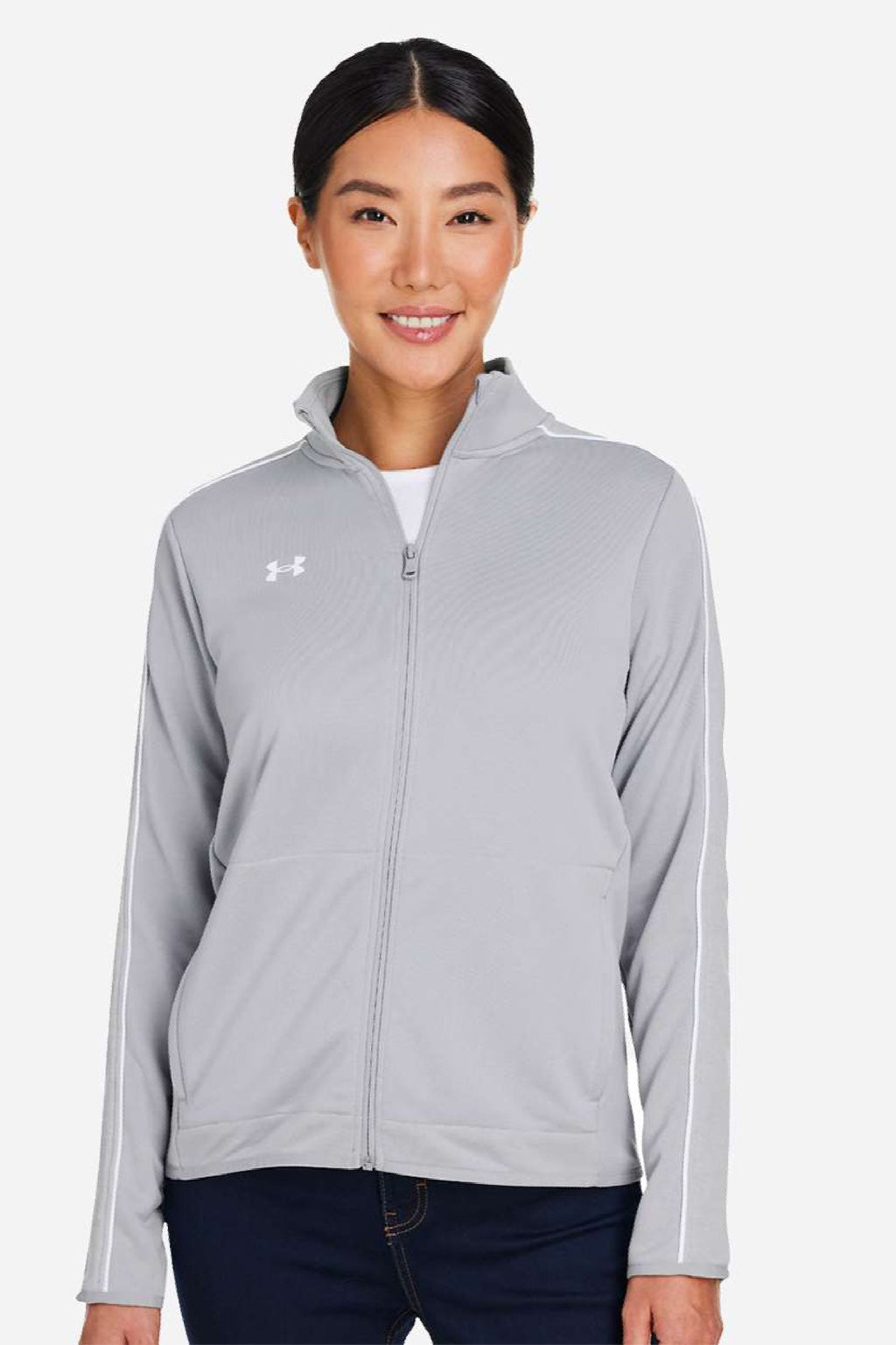 Under Armour 1383272 Womens Command Full Zip Jacket Mod Grey/White Model Front