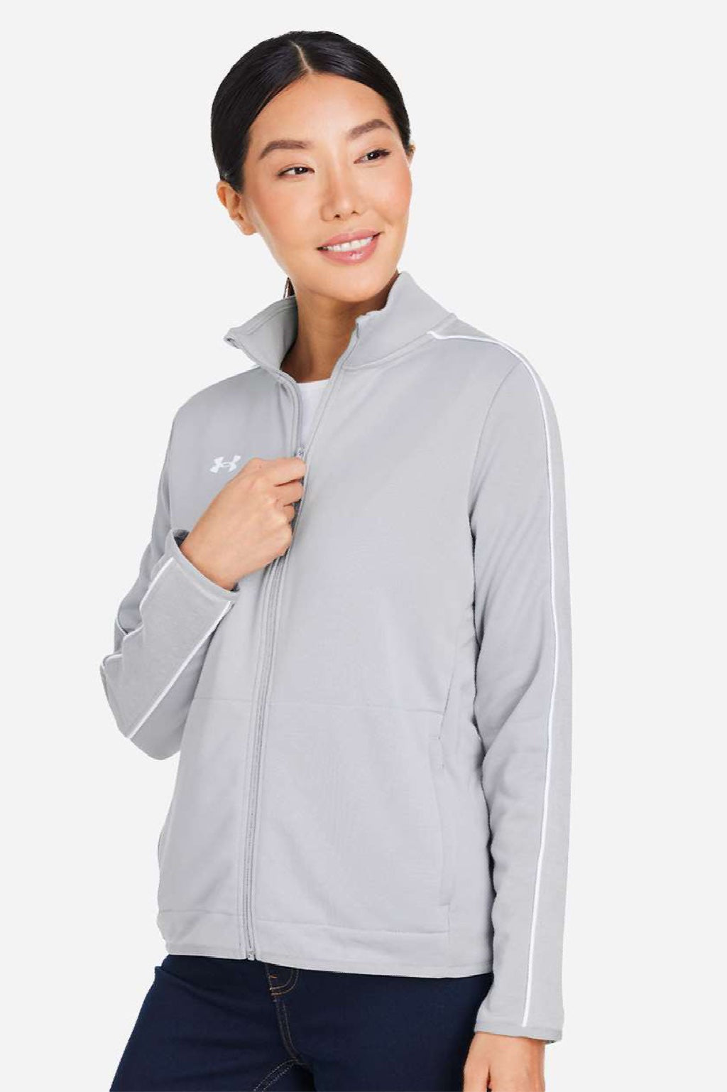 Under Armour 1383272 Womens Command Full Zip Jacket Mod Grey/White Model Side