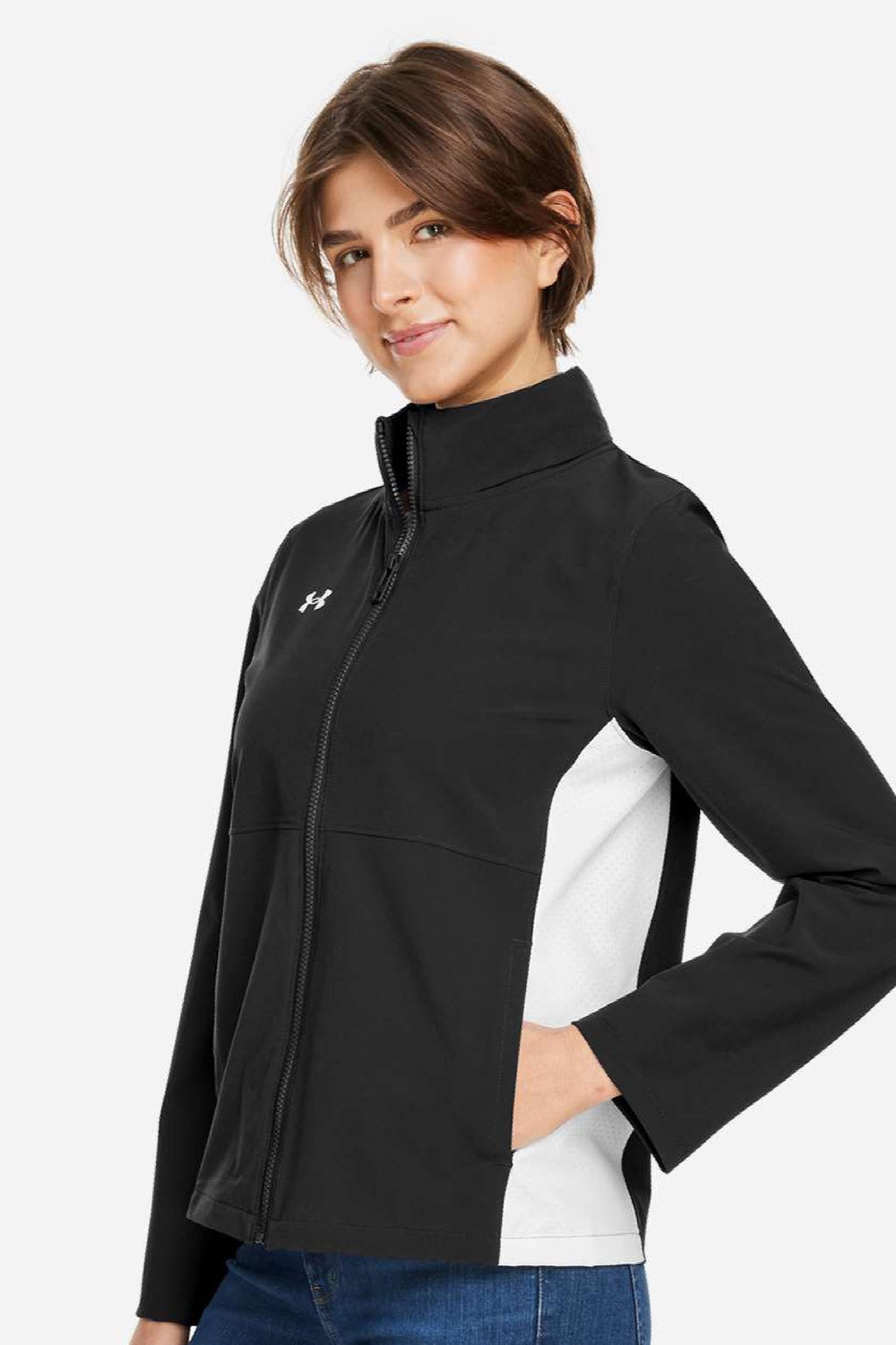 Under Armour 1389661 Womens Rival Stretch Full Zip Jacket Black/White Model Side