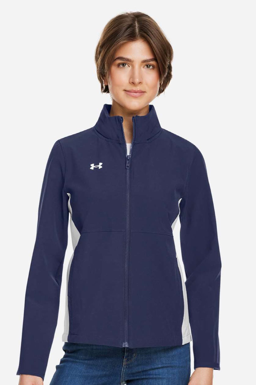 Under Armour 1389661 Womens Rival Stretch Full Zip Jacket Midnight Navy Blue/White Model Front