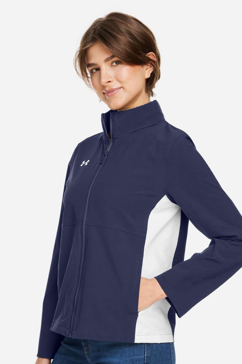 Under Armour 1389661 Womens Rival Stretch Full Zip Jacket Midnight Navy Blue/White Model Side
