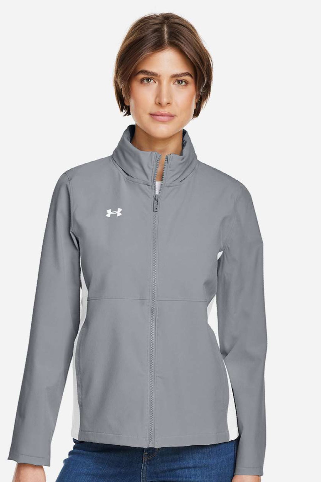 Under Armour 1389661 Womens Rival Stretch Full Zip Jacket Mod Grey/White Model Front