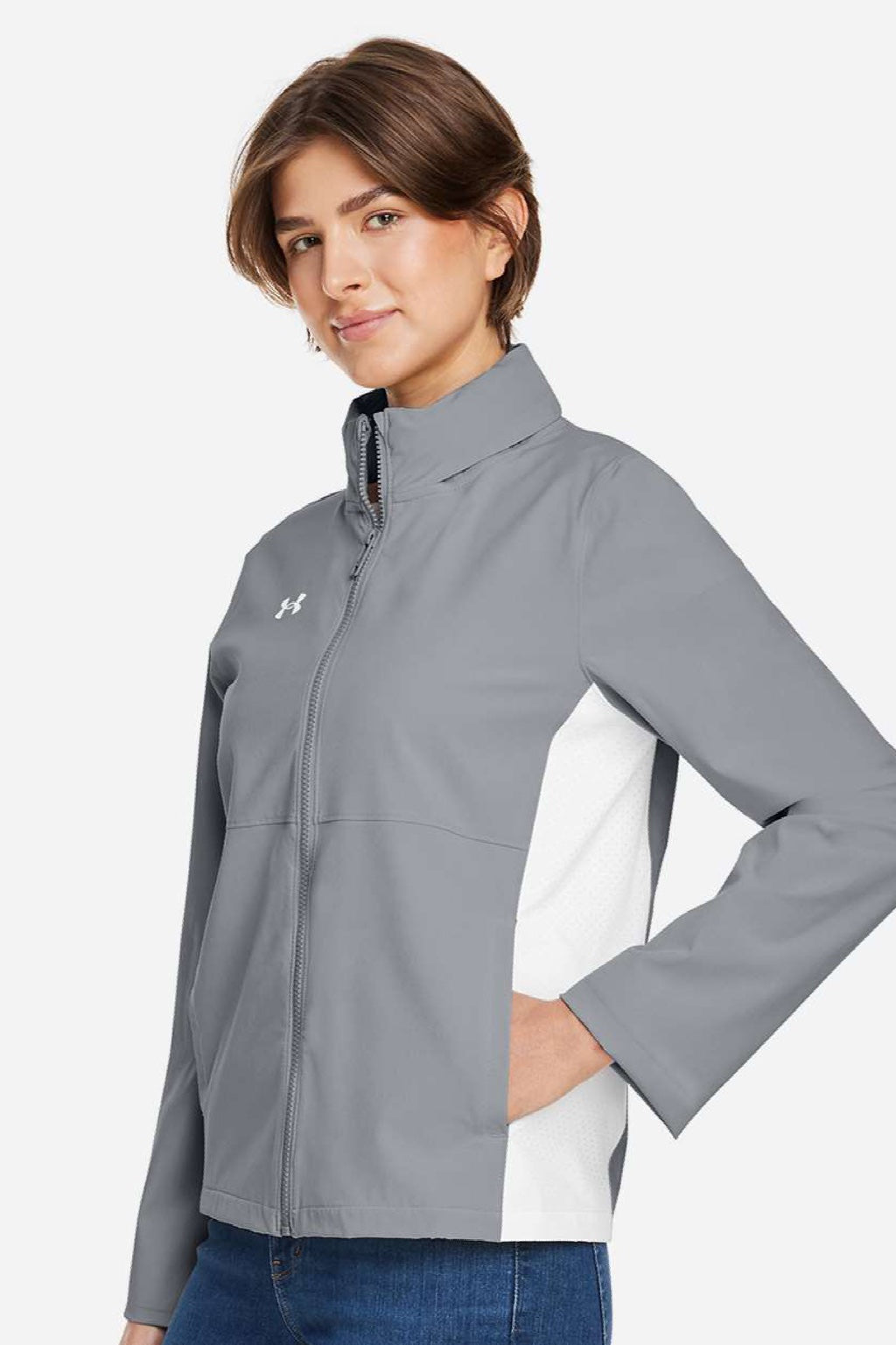 Under Armour 1389661 Womens Rival Stretch Full Zip Jacket Mod Grey/White Model Side