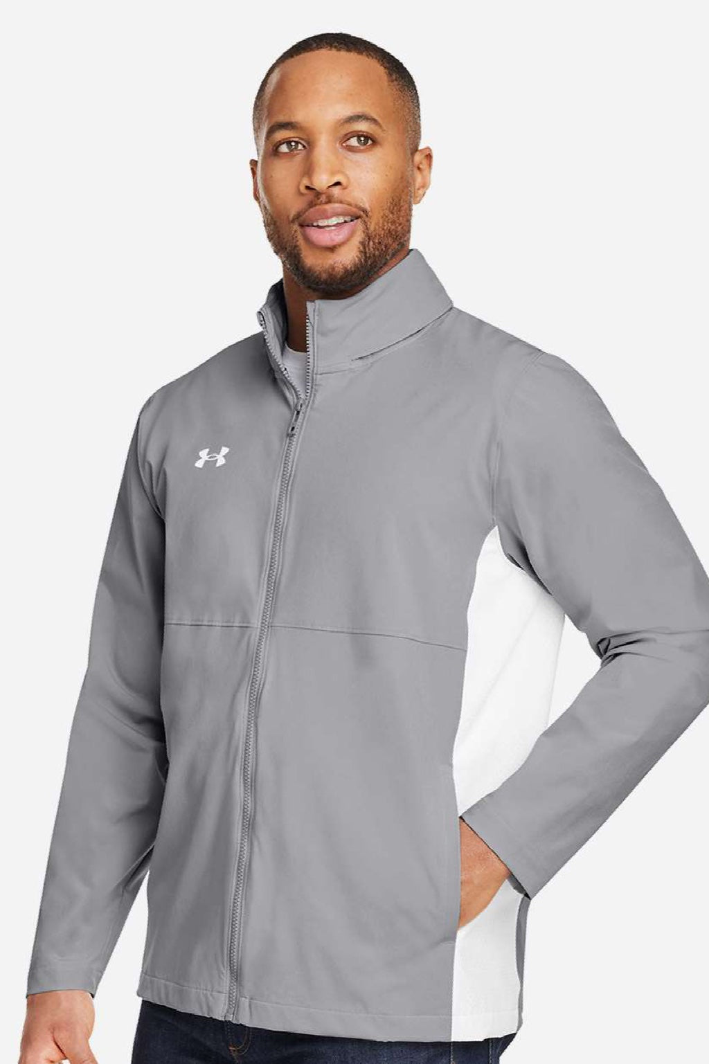 Under Armour 1390159 Mens Rival Stretch Full Zip Jacket Mod Grey/White Model Side