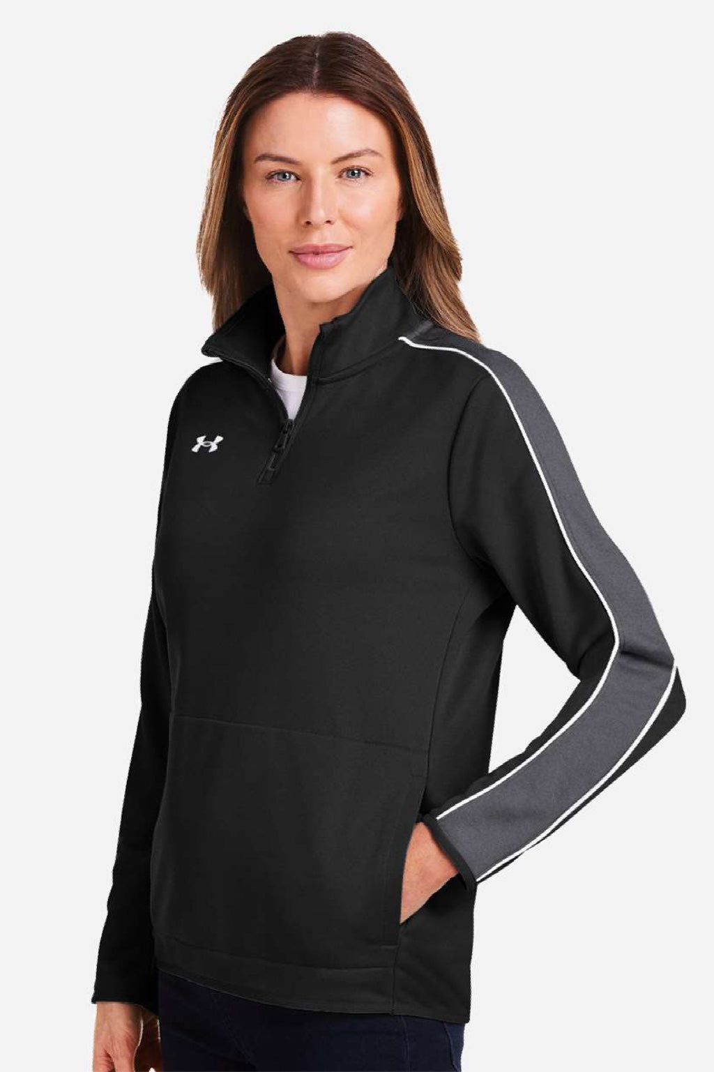 Under Armour 1383274 Womens Command 2.0 1/4 Zip Sweatshirt Black/White Model Side