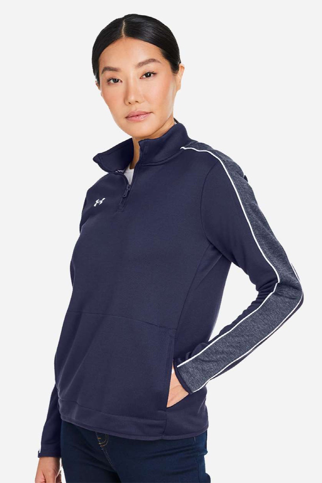 Under Armour 1383274 Womens Command 2.0 1/4 Zip Sweatshirt Midnight Navy Blue/White Model Side