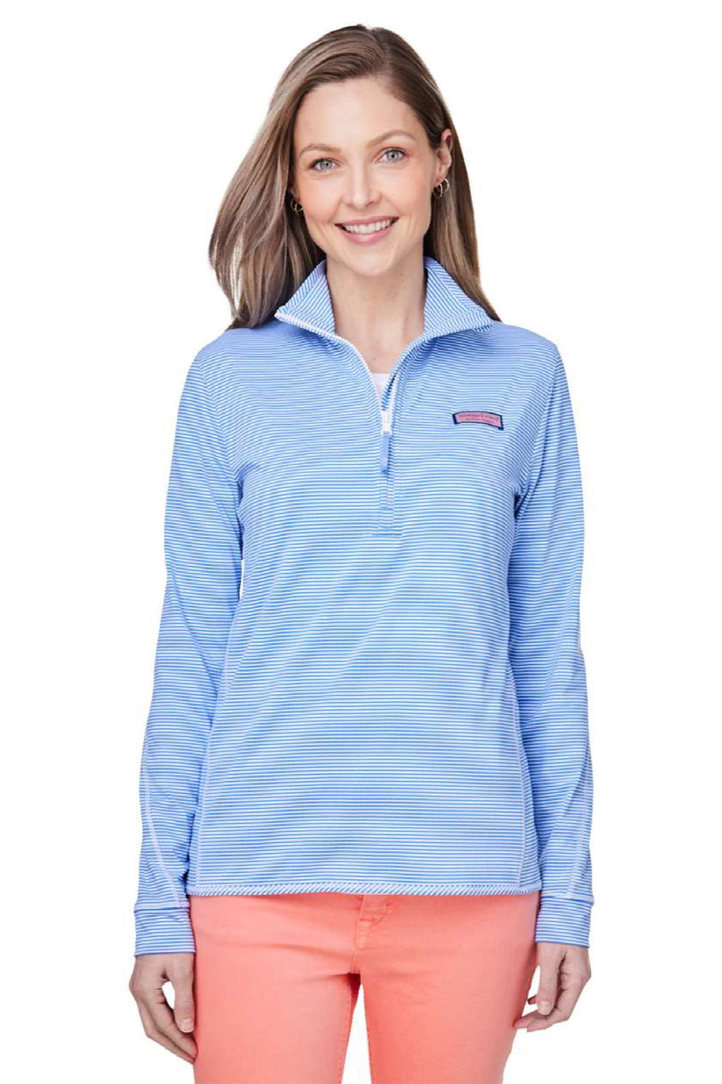 Vineyard Vines K002521 Womens Microstripe Sankaty 1/4 Zip Sweatshirt Breaker Blue Model Front