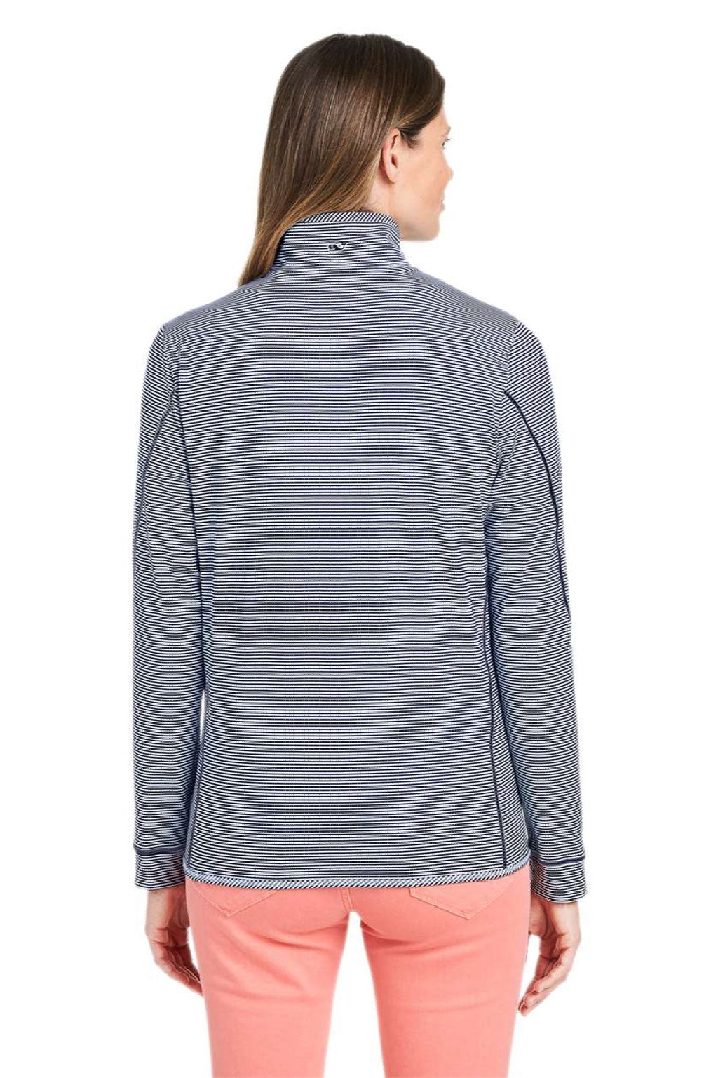 Vineyard Vines K002521 Womens Microstripe Sankaty 1/4 Zip Sweatshirt Deep Bay Blue Model Back